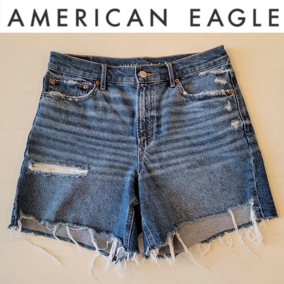 American Eagle High Waisted Strigid Lightly Distressed Relaxed Denim Jean Shorts - Picture 15 of 15